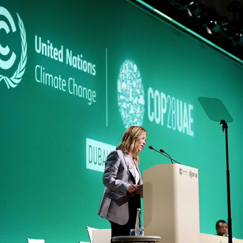 Italian Prime Minister Giorgia Meloni during her speech at COP28 for the High-Level Segment for Heads of State and Government.